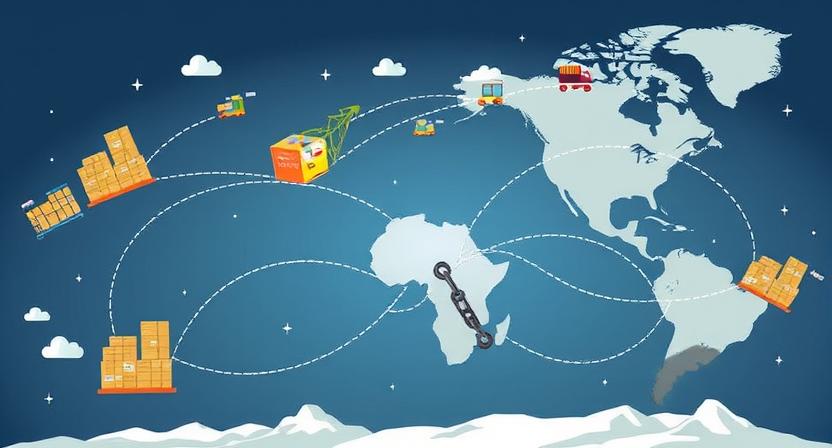 An illustration depicting a complex global supply chain with goods flowing between different continents, with a small broken link or a disruption visible, representing vulnerability.
