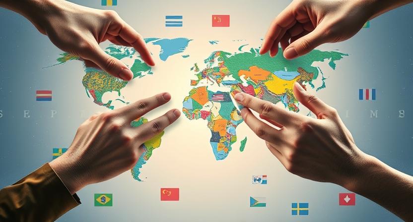 image showing a global collaboration of hands solving a complex puzzle that includes elements of maps, resources, and diverse national symbols