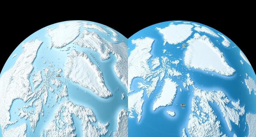 A split image: one side showing a traditional map of the Arctic covered in ice, and the other side showing the same map with significant ice melt, revealing new shipping routes and resource symbols, representing the changing Arctic geopolitics.