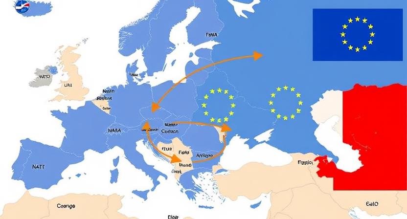 A map showing the eastward expansion of NATO and the EU, with arrows pointing from Western Europe into Eastern European countries, symbolizing integration.