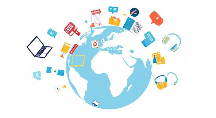 An image showing diverse modern media icons (e.g., laptop, smartphone, headphones, academic journal) scattered around a globe, symbolizing a variety of learning resources beyond traditional books.