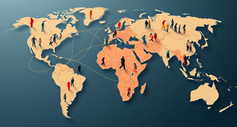 image showing a global network of diverse human figures moving across a stylized world map, with national borders visible but somewhat permeable, symbolizing global migration flows and their interaction with sovereignty.
