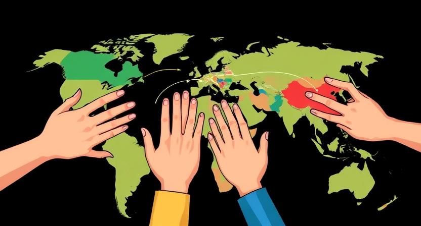 An illustration depicting hands from different countries working together on a global map, with arrows representing managed migration routes, symbolizing international cooperation and legal pathways.