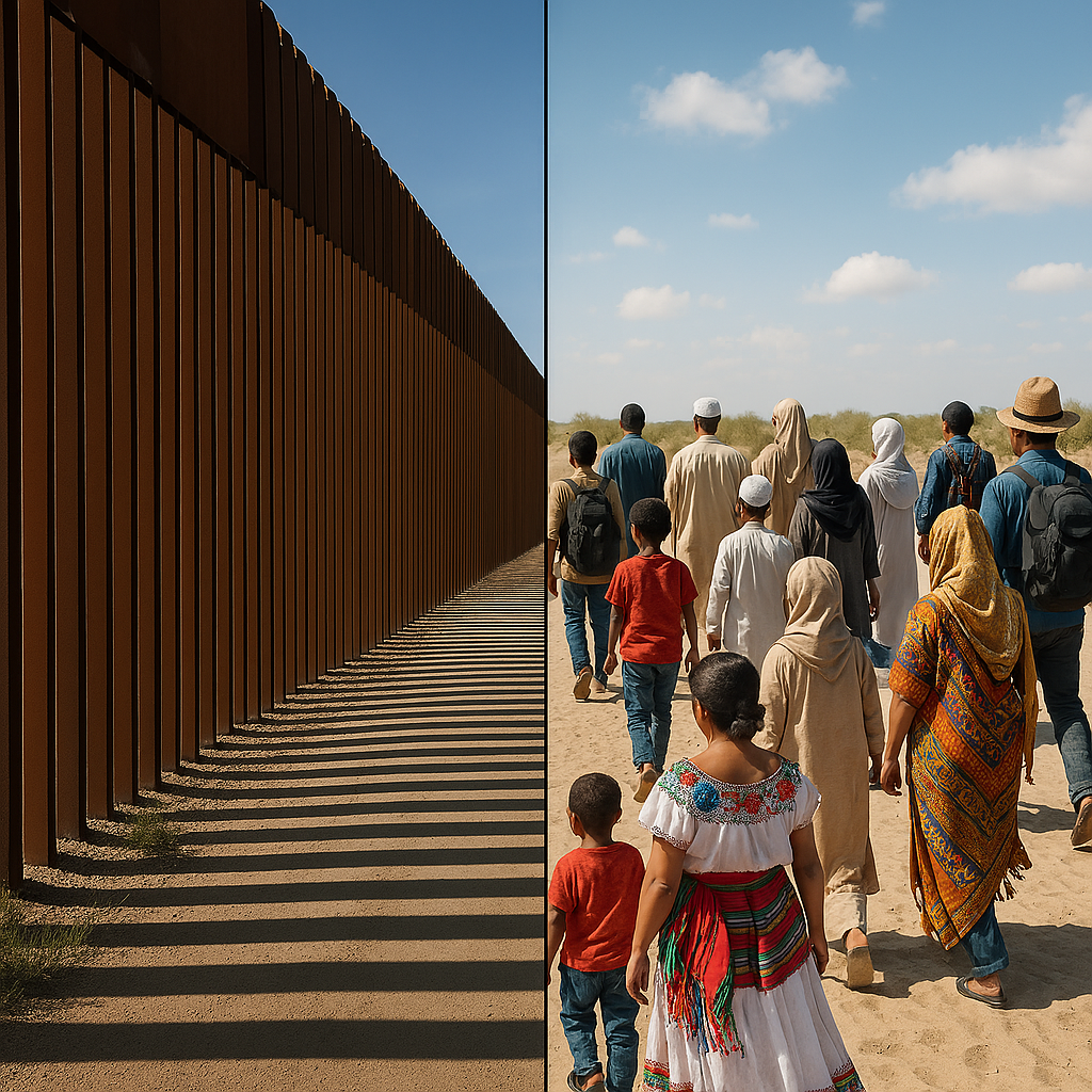  one side showing a traditional border fence or barrier, and the other side showing people moving freely with diverse cultural elements, representing the tension between border control and human movement.