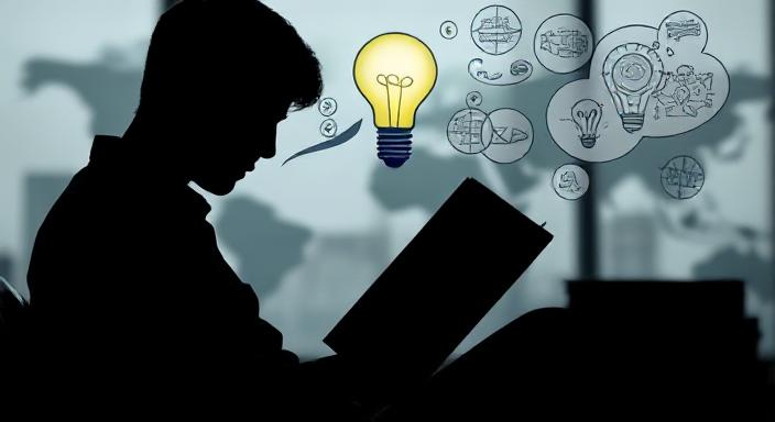 A person (silhouette or diverse figure) actively reading or studying geopolitical content, with an overlay of a "lightbulb" moment or thought bubbles containing complex geopolitical concepts, representing effective learning.
