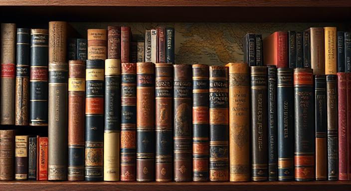 A visual representation of a bookshelf filled with classic geopolitical books, perhaps with subtle historical map elements in the background, representing foundational knowledge.