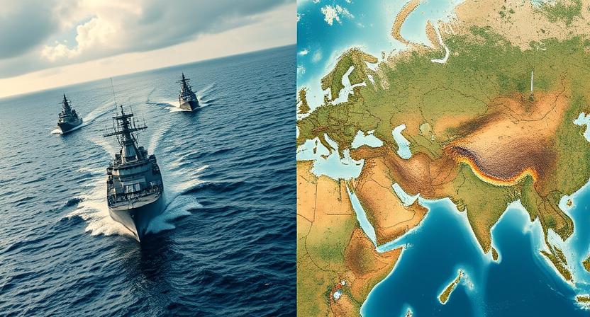 one side showing a naval fleet (representing Mahan's sea power)