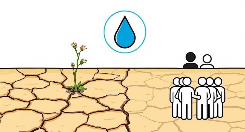 An illustration depicting a cracked, dry land with a single wilting plant, contrasting with a symbol of water scarcity, leading to a visual of conflict or competing claims between two stylized groups, symbolizing resource disputes.