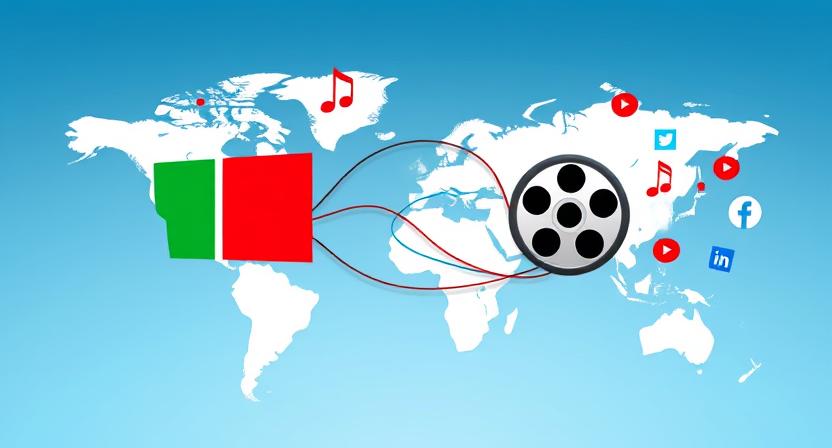 A conceptual image showing music notes, film reels, and social media icons flowing from one country to the rest of the world, bypassing physical borders.