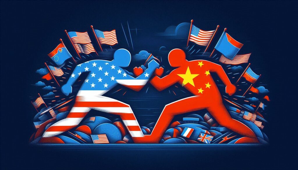 A visual representation of two nations fighting a trade war, with symbols of tariffs and economic sanctions being exchanged.