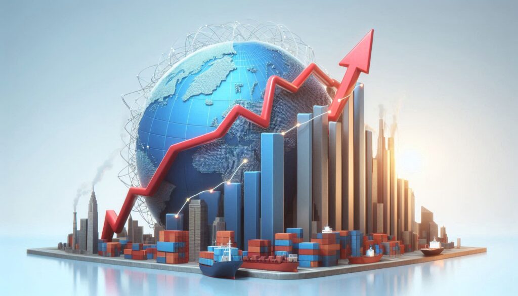 A graph showing a downward trend line for global trade and a corresponding upward trend for "reshoring" or "protectionism."