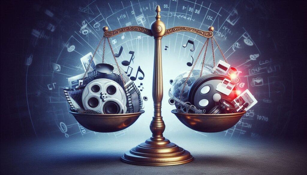 A conceptual image showing a film reel, a music note, and a social media icon on a balance scale, representing the new geopolitical tools of influence.