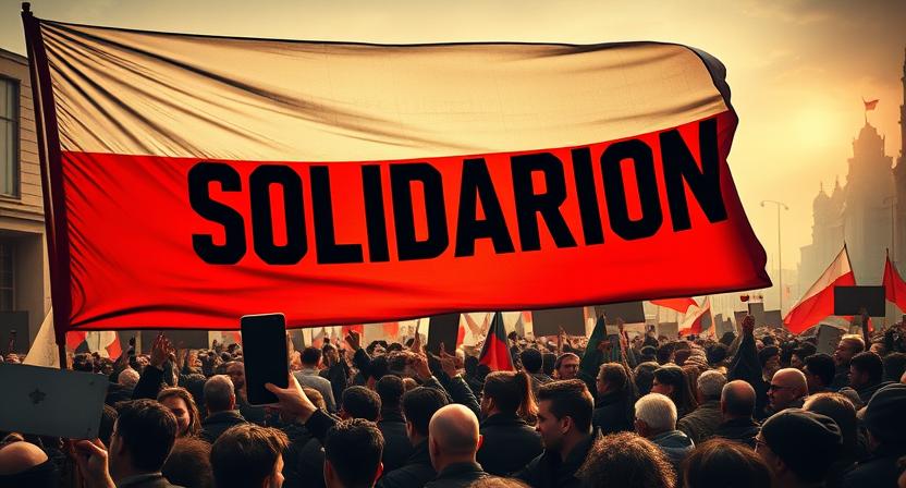 A conceptual image of the Polish Solidarity movement banner with a crowd of people protesting, symbolizing the power of a grassroots movement.