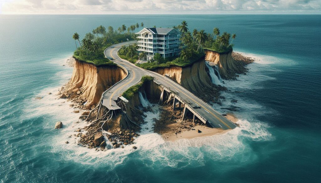 A visual of coastal erosion in an island nation, with a road or building on the verge of collapsing into the sea.