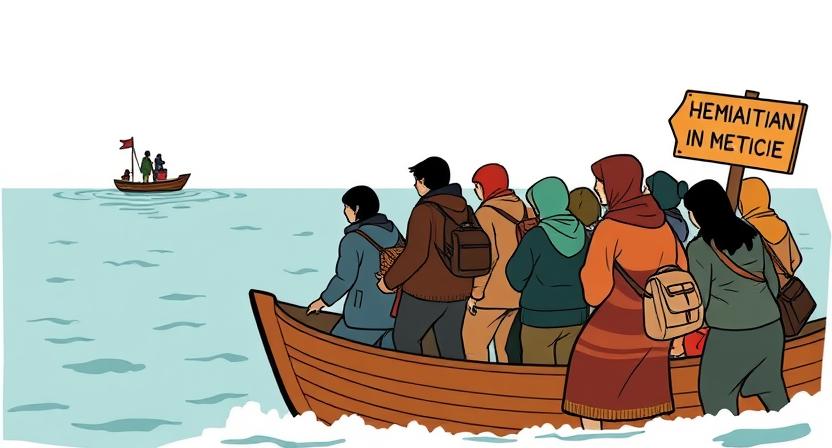 An illustration of a group of climate refugees on the move, with a small boat or a sign pointing to a new land, representing the humanitarian crisis.