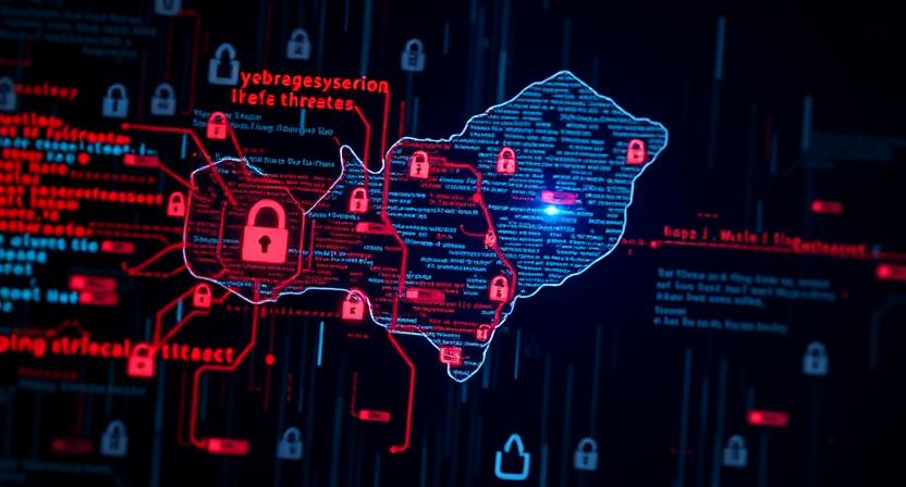 An image of digital symbols and code representing cyberattacks flowing into a map of a country, representing the borderless nature of modern threats