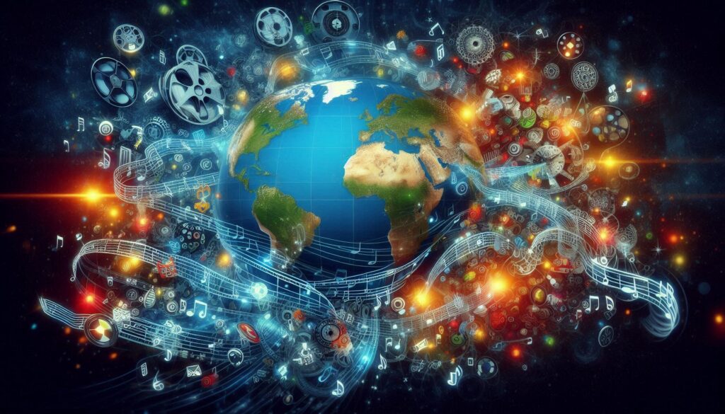 A visual of a global map with cultural icons like film reels and music notes flowing from a country to the rest of the globe.