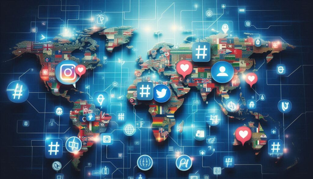 A modern map with digital icons (like hashtags and user profiles) replacing traditional national flags and borders