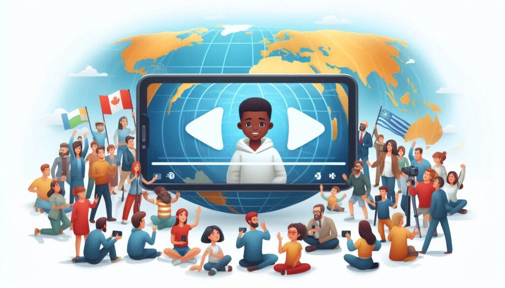 An illustration of a viral video being watched by people from different cultures around the world, creating a sense of global unity.