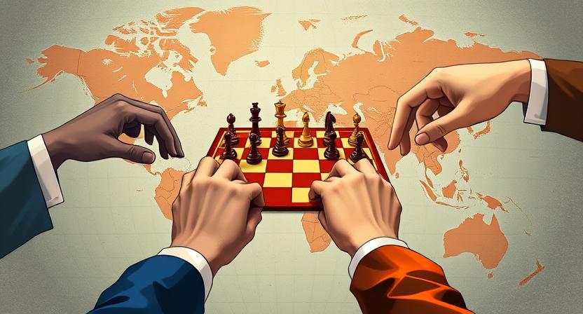 An illustration of hands (representing different nations or actors) playing a chess game on a world map, with economic symbols (e.g., currency, trade routes) as chess pieces, representing geoeconomics.