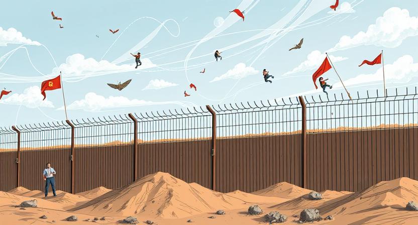 An illustration of a national border with a fence or wall being built, but with economic data, information, and people flowing around and over it, symbolizing the limitations of isolationism.