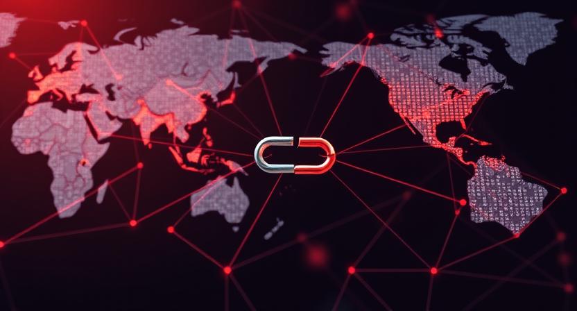 A visual of a complex global supply chain network, with a single broken link highlighted in red, symbolizing its fragility.