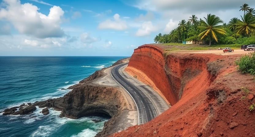 A visual of coastal erosion in an island nation, with a road or building on the verge of collapsing into the sea.
