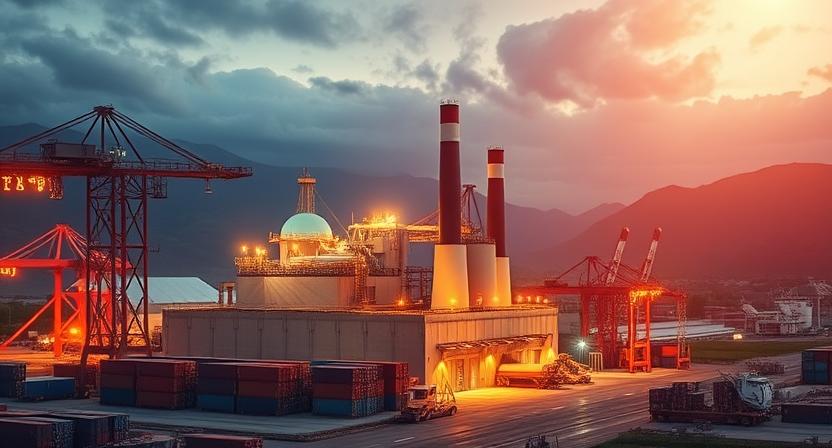 A composite image showing a vibrant factory or innovative technology being built in a new, strategically important region, with subtle elements of global trade and diplomatic symbols, representing opportunity identification through geopolitical awareness.