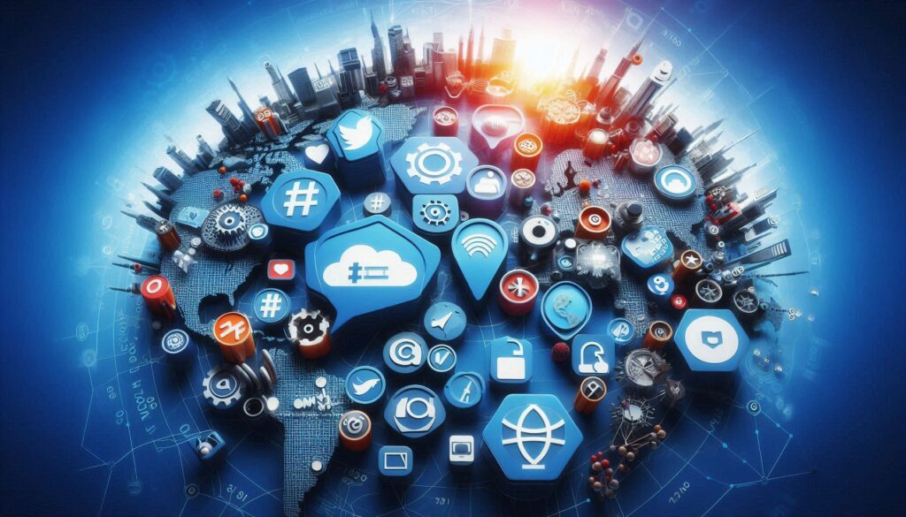 A visual of social media icons like hashtags and user profiles being used as tools on a geopolitical map.
