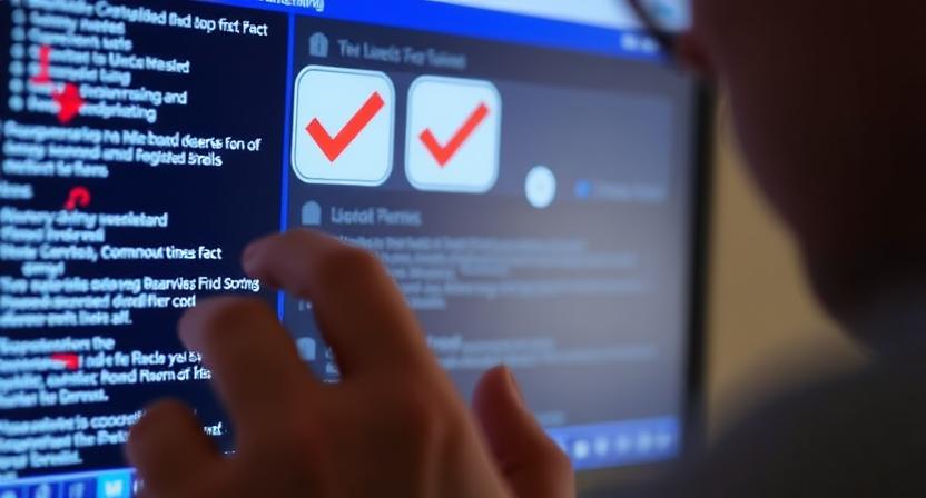 A close-up image of a person critically analyzing information on a screen, with fact-check symbols and a thought bubble of a shield, representing the citizen's role in combating misinformation.