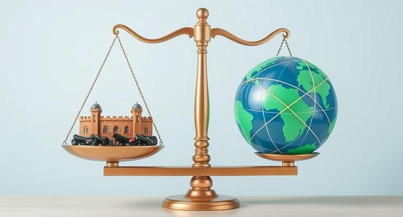 A balanced scale, with one side showing a fortified national border (representing security) and the other side showing a globe with interconnected lines (representing interdependence).