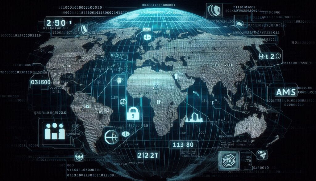 A conceptual image showing a world map with traditional borders, but with digital code and global criminal or activist symbols visibly passing over and through the lines.