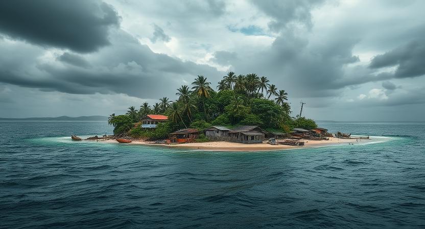 A conceptual image of a small island with rising water levels, with a distressed community in the foreground, highlighting the existential threat