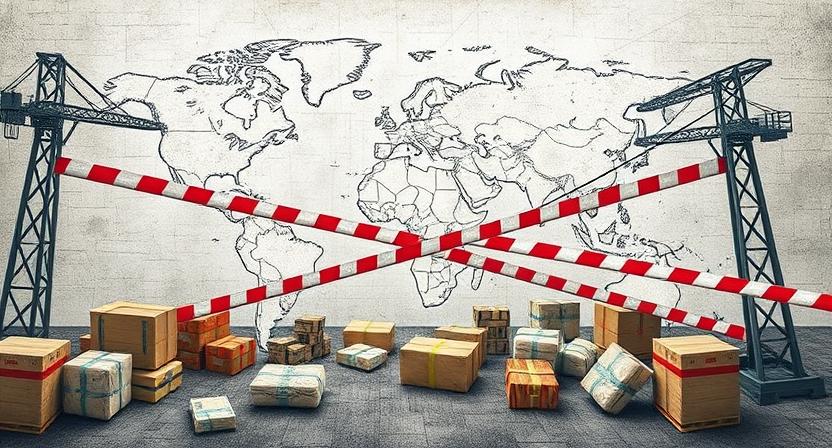 A conceptual image showing a world divided by trade barriers and tariffs, with goods struggling to get through, symbolizing protectionism.