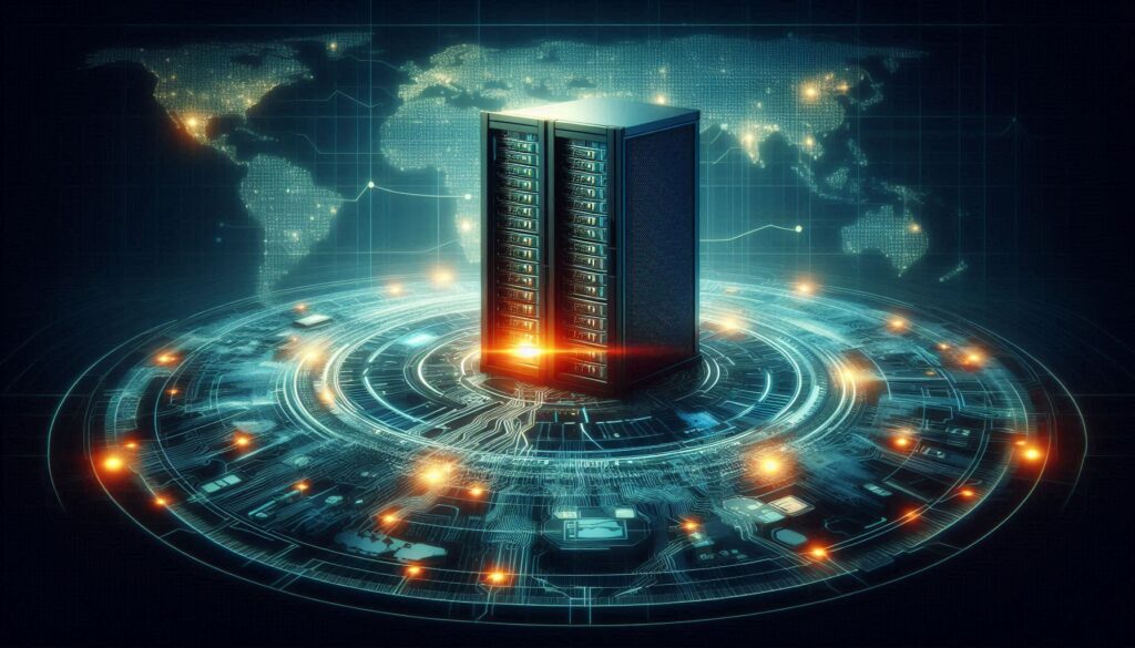 A visual of a digital battlefield with a server rack or network hub being targeted by cyberattacks, with a background map of a country, representing the borderless nature of cyber threats.