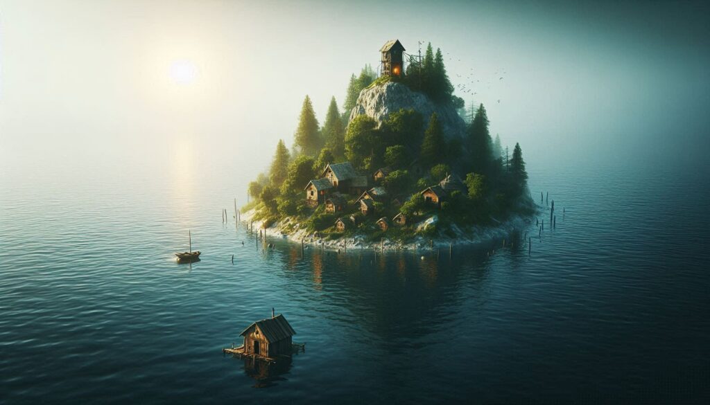 A conceptual image of a small island with rising water levels, with a distressed community in the foreground, highlighting the existential threat.