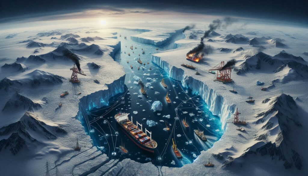 An image showing the Arctic region with melting ice revealing shipping lanes and resource exploration symbols, representing the new geopolitical frontier opened by climate change.