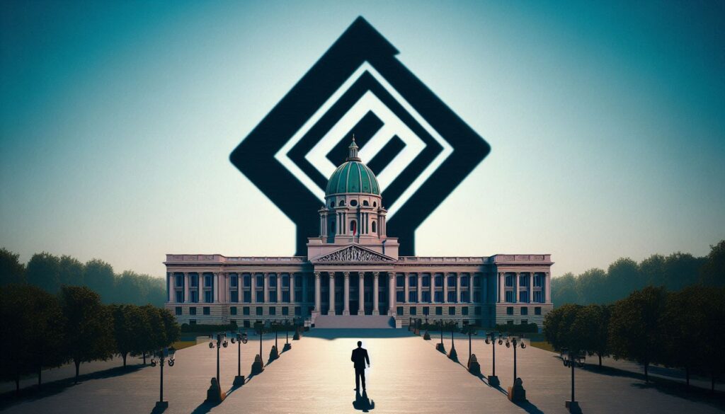 An illustration of a large multinational corporation's logo casting a shadow over a national parliament building or government symbol, representing the challenge to economic sovereignty.