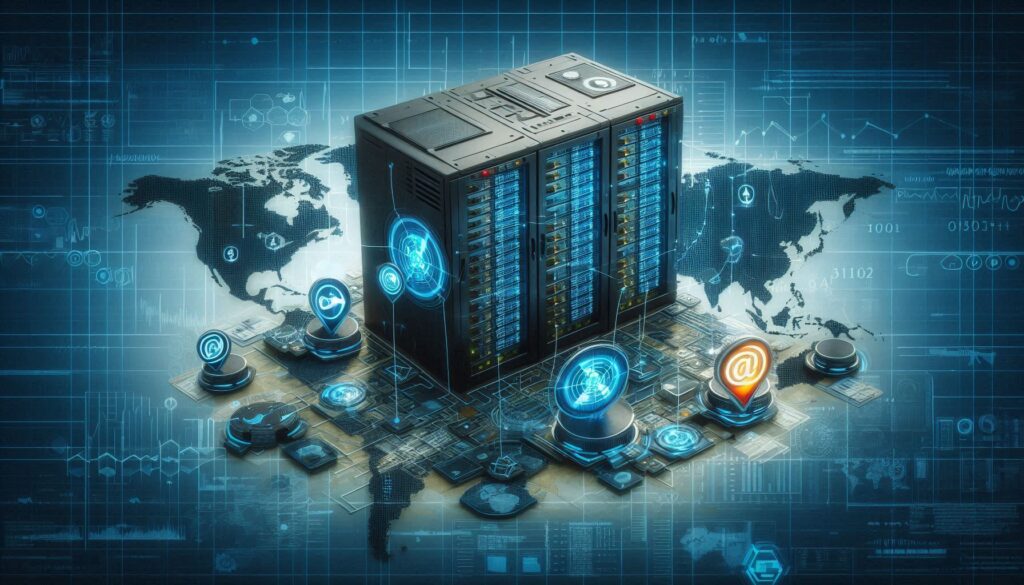 A visual of a digital battlefield with a server rack or network hub being targeted by non-state actor symbols, with a background map of a country.