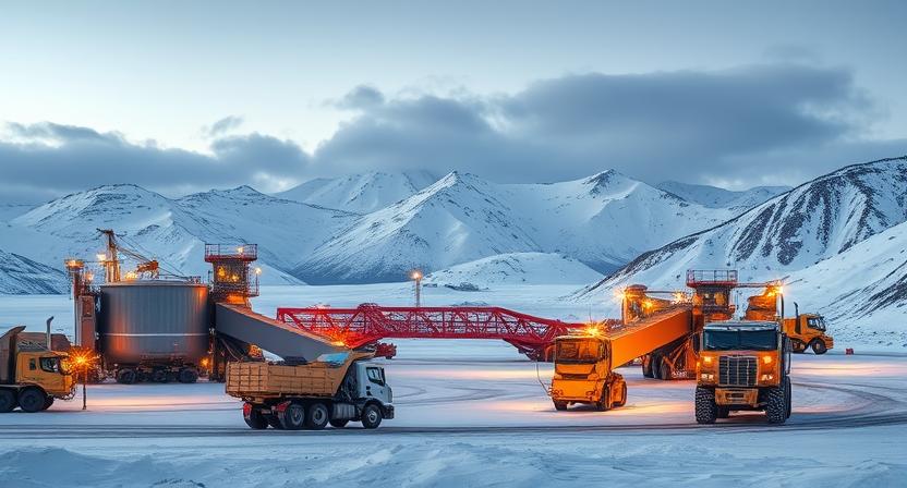 Arctic mining operation with industrial facilities in snowy landscape]
