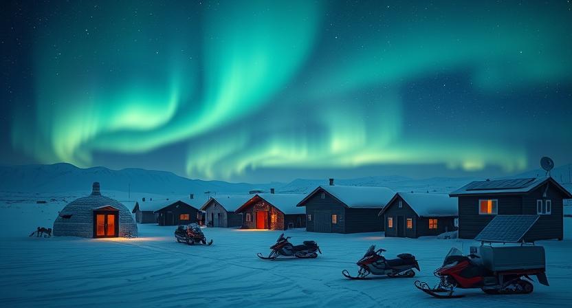 Indigenous Arctic community with traditional and modern elements