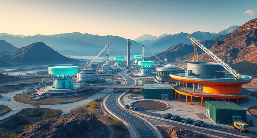 Futuristic visualization of an integrated lithium valley in South America, showing extraction facilities, processing plants, battery factories, and electric vehicle charging stations connected by modern infrastructure, sustainable architecture with solar panels, set in Andean landscape