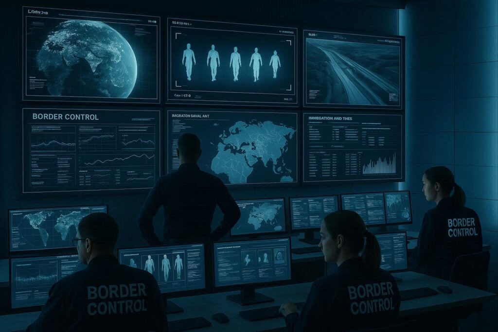 High-tech border control center with multiple screens showing real-time surveillance and data analytics
