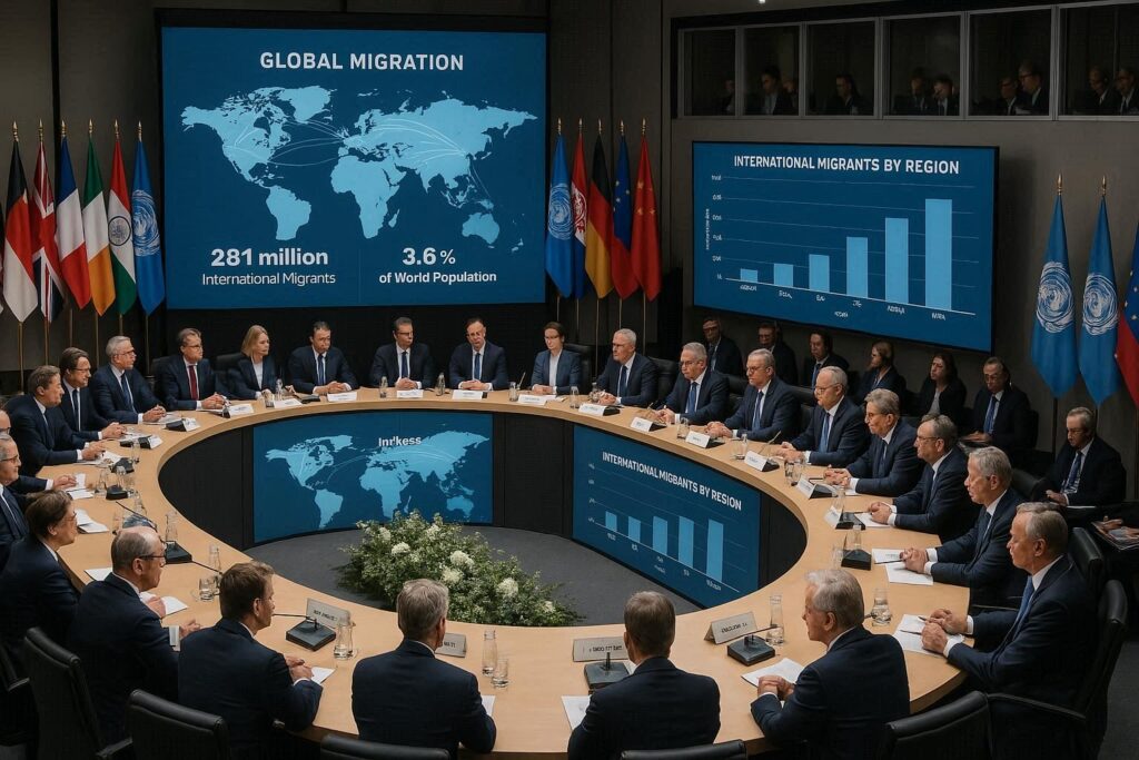 International conference room with world leaders discussing migration agreements