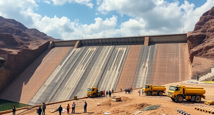 A visual of the Grand Ethiopian Renaissance Dam (GERD), with workers and machinery, symbolizing Ethiopia's development project.