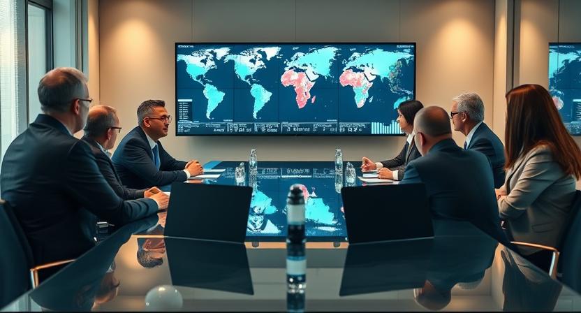 Professional business meeting scene with diverse international executives around a conference table, digital screens showing lithium market data and South America maps, modern corporate boardroom setting
