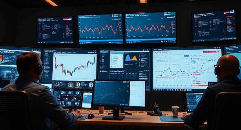 Information warfare operation center with analysts monitoring social media trends