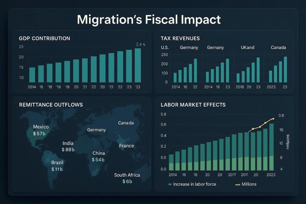Complex economic data visualization showing migration's fiscal impact with animated charts, GDP contributions, tax revenues, remittance flows, and labor market effects across multiple countries, professional financial dashboard style