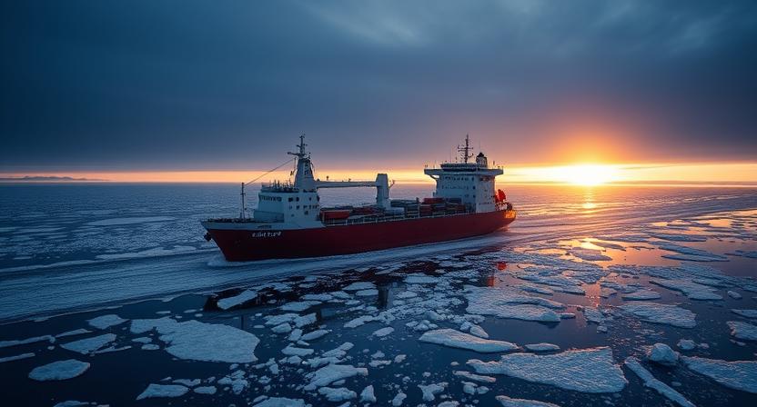 Commercial vessels navigating through Arctic waters with ice sheets]