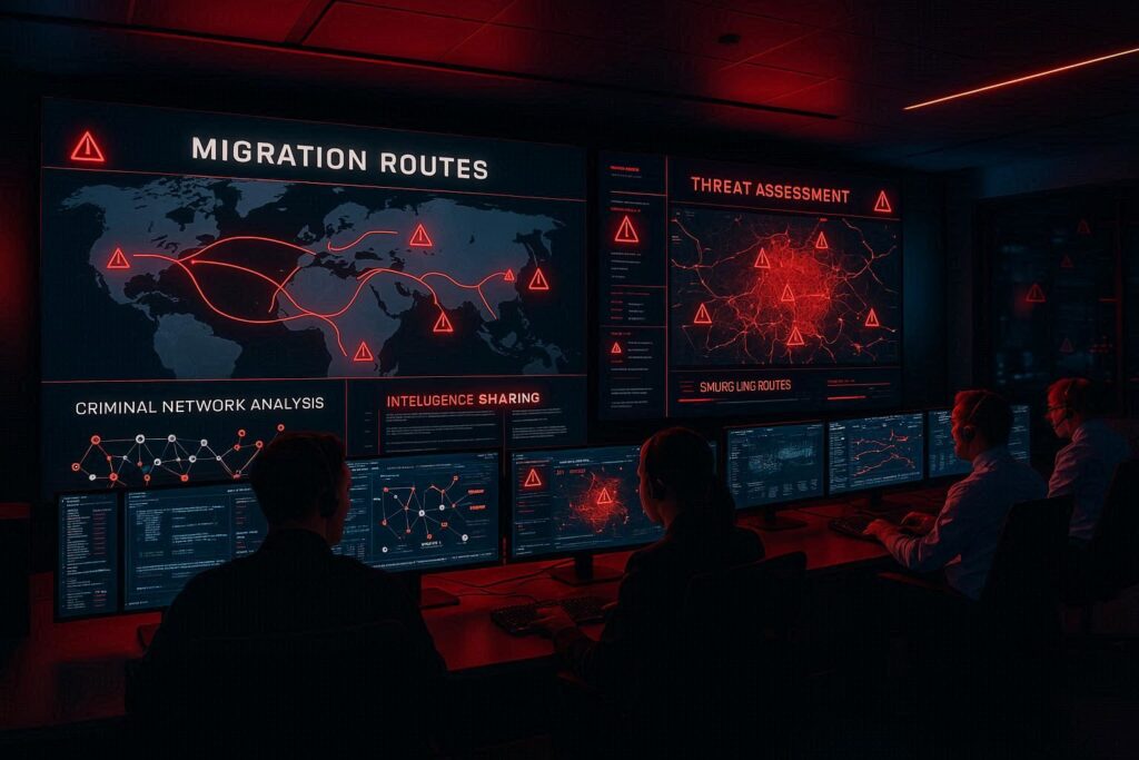 Security command center monitoring migration routes with threat assessment displays